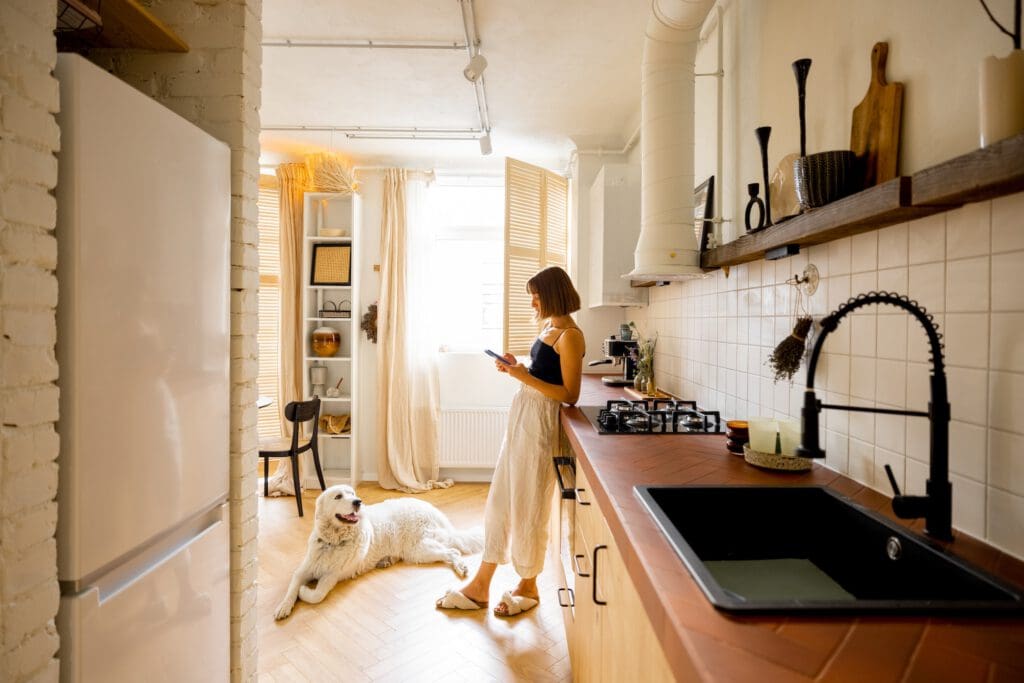 Woman with dog in modern and stylish kitchen